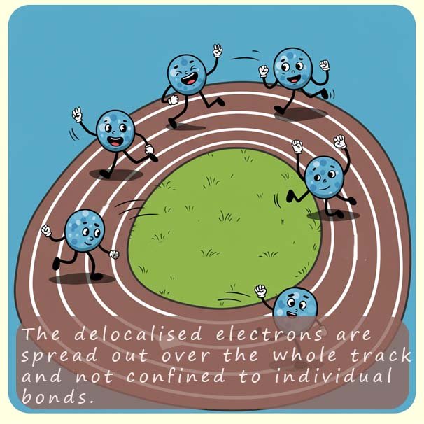 Comic style image to show the delocalised electrons in a benzene ring